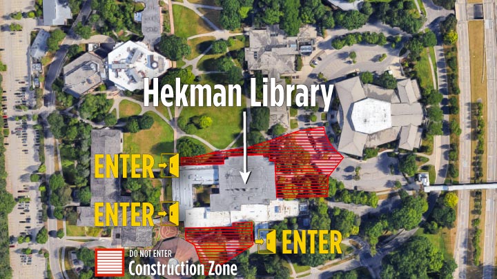 Three main entrance into the Hekman Library from Hiemenga Hall and the Meeter Center.