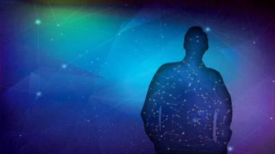 Graphic design of a man's silhouette overlaid with constellations.