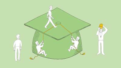 Illustration of a graduation cap with little men all over it: watching, walking, climbing tassels.