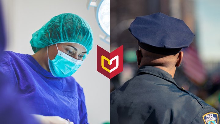 A medical doctor on the left, a police officer on the right, with Calvin University's logo overlayed