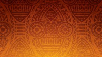 African patterns overlaid on a dark orange gradient.