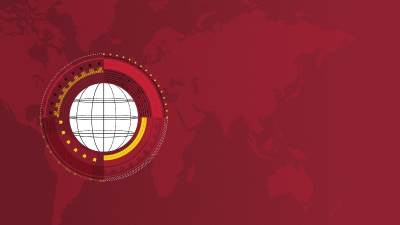 Graphic rendering of stylized globe over red and maroon shades of a world map