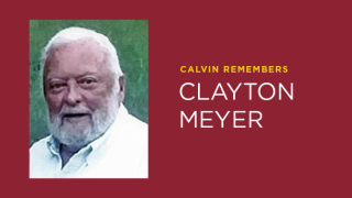 A headshot of a man with white hair and a white beard with the text Calvin Remembers Clayton Meyer