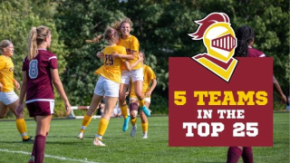 Women's soccer players celebrate with text: "5 Teams In The Top 25"