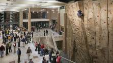 The climbing wall and lobby inside the Spoelhof Fieldhouse Complex.