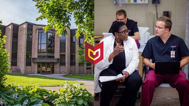 An image of a campus building next to a classroom image of a nursing professor talking to a student.