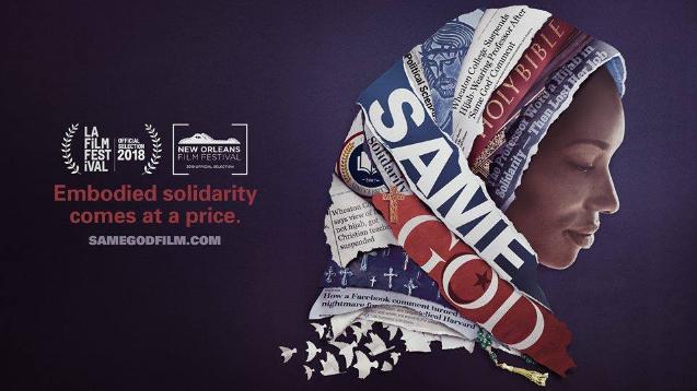 Same God banner: Dr. Larycia Hawkins in a hijab formed from a collage of headlines and images.