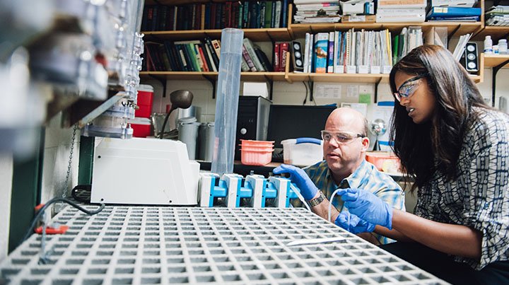 A professor and student sit side-by-side doing water-related research in a lab.