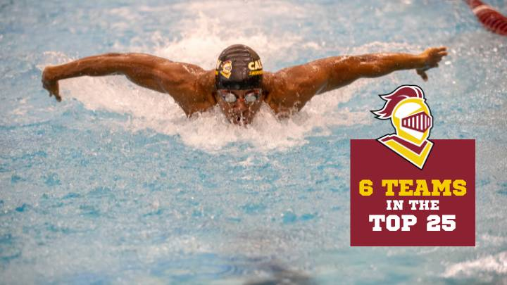 A male swimmer swims toward camera with a Knights logo and "6 Teams in Top 25" overlayed on photo.