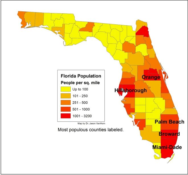 Florida Population (people per square mile). The most populous counties are labeled.