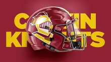 A maroon helmet with a Knight logo over the top of CALVIN KNIGHTS