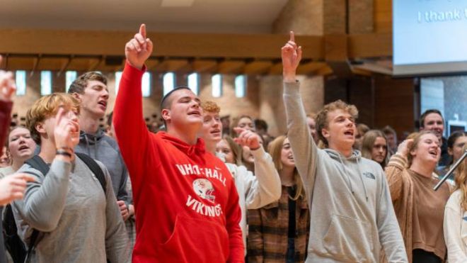Each weekday, students, faculty, and staff join together for worship in the university chapel.