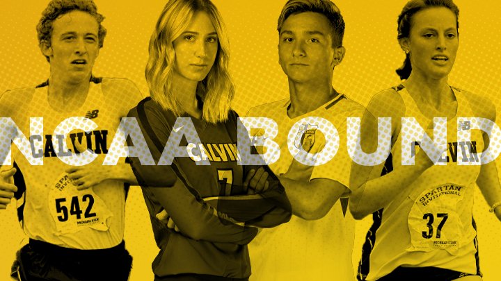 Four athletes (volleyball, soccer, cross country) with a NCAA BOUND graphic overlay