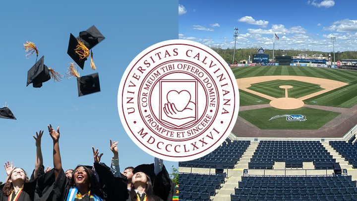 The latin seal for Calvin University layered on top of a photo with grads and a ballpark image.