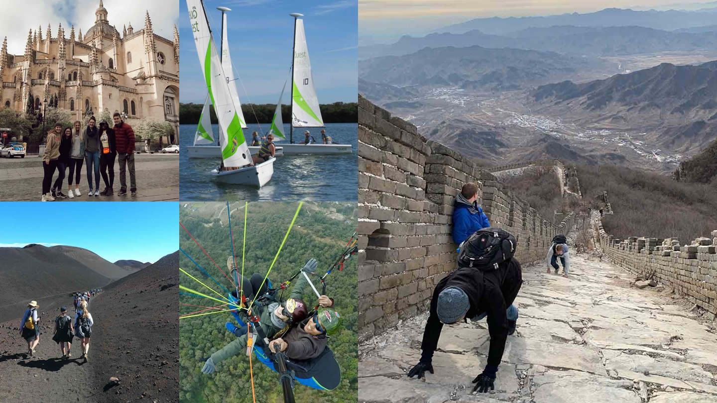 Collage of images featuring Calvin students traveling and studying abroad for Interim