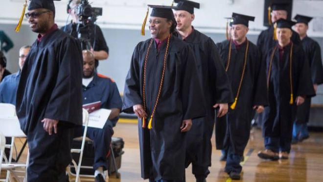 The graduate processional during the Commencement ceremony at Handlon Correctional Facility on May 5, 2023.