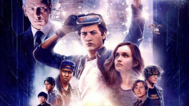 Lead of ready player one raises his hand in triumph. Rest of cast is layered around him (edited).