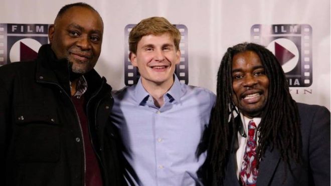 Nate Roels (middle) with Renardo (right), a returning citizen and the subject of Roels' first documentary, and DeWayne Burton (left) former warden at Handlon Correctional Facility.