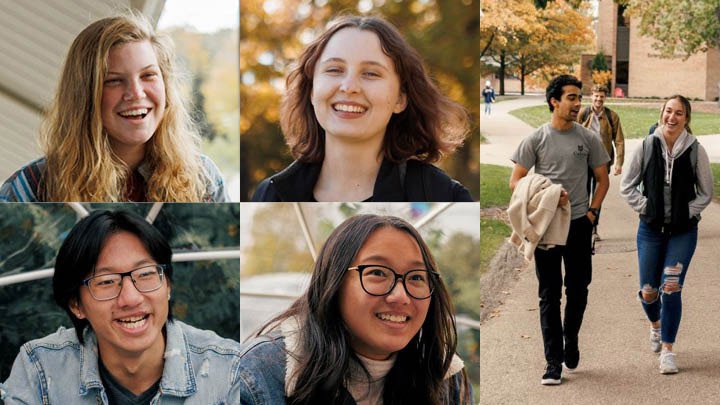 Four individual shots of students smiling and one of two students walking on a campus path.