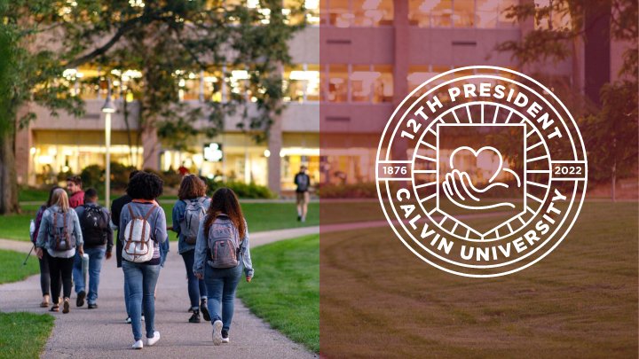 Students walking on the left toward an illuminated building, 12th president logo on right