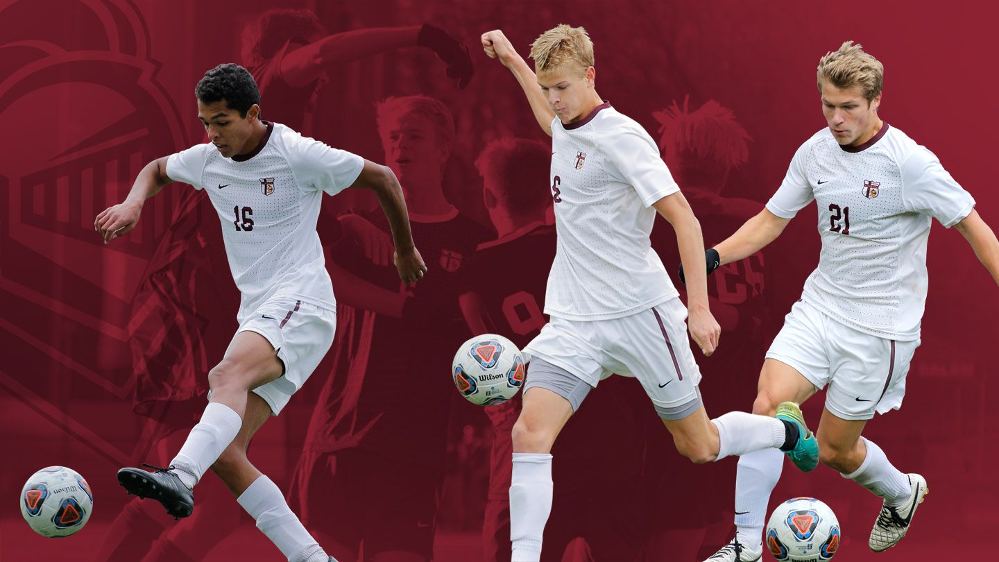 Graphic featuring three men's soccer players kicking soccer balls.