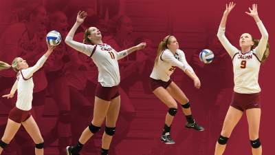 Graphic featuring four women's volleyball players hitting volleyballs.