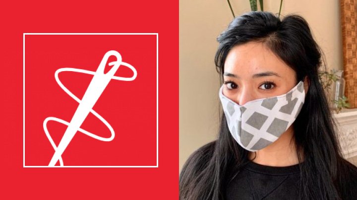 A sewing needle logo next to a photo of a student with a face cloth covering their mouth and nose.