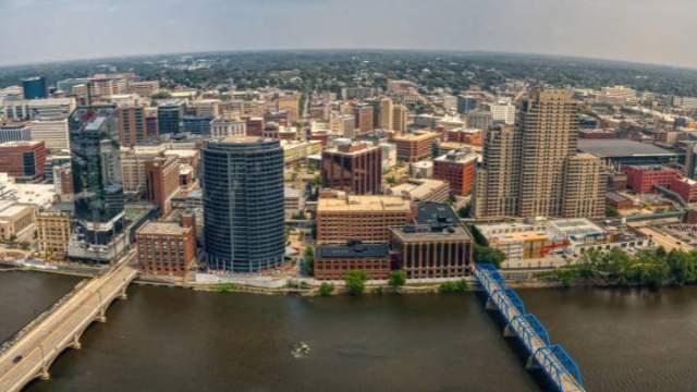 A drone view of the city of Grand Rapids.