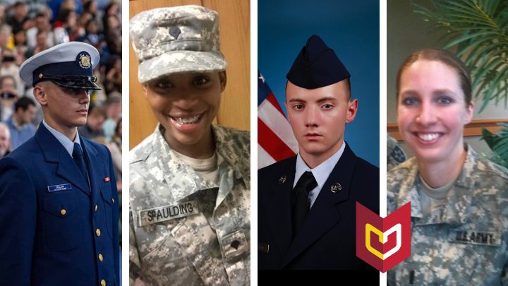 Four Calvin Veteran students dressed in their U.S. Military uniforms