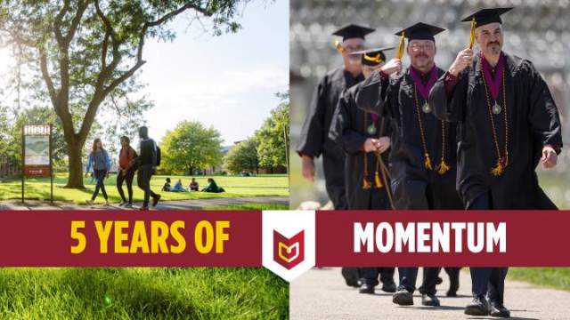 An on-campus pathway shot and an inside prison graduation photo with 