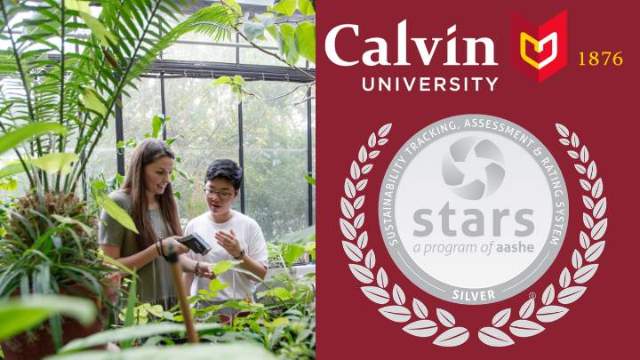 Two students working in a greenhouse (left), Calvin and STARS logos (right)