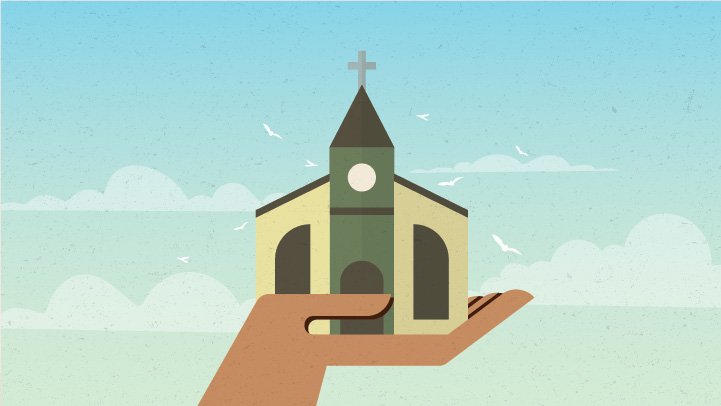 A graphic of an open hand holding a church with birds flying above