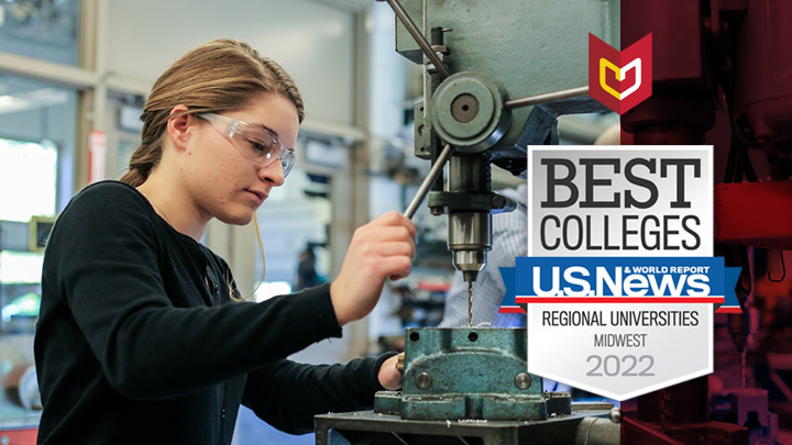 A female student operates machinery in a campus building, overlay of U.S. News badge and Calvin logo