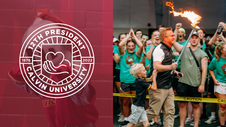 The 12th president logo (left) with Pres. Boer and son running with a torch, students cheer (right)