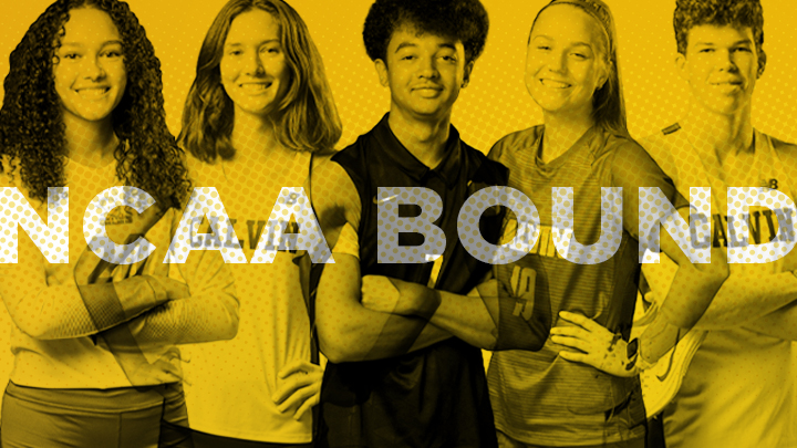 Five student athletes smile at camera with a yellow filter and NCAA BOUND over the top.