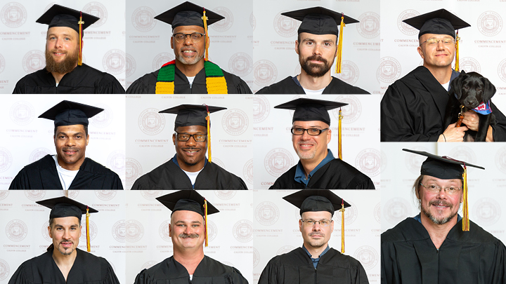 A photo montage of 11 men in caps and gowns who graduated from the Calvin Prison Initiative.