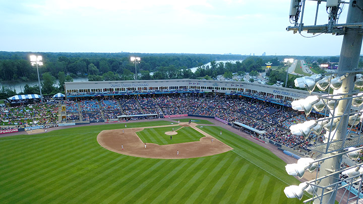 An aerial view of a minor league ballpark in Grand Rapids, Michigan