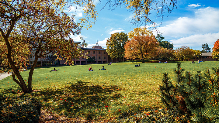 A wide shot of students studying on a green space in the middle of a college campus during Fall.
