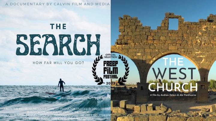 Two documentary film cover photos, one with a surfer, one with historical ruins
