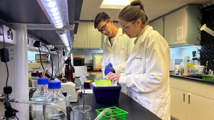 A male college student works in a lab with his female professor on a research project.