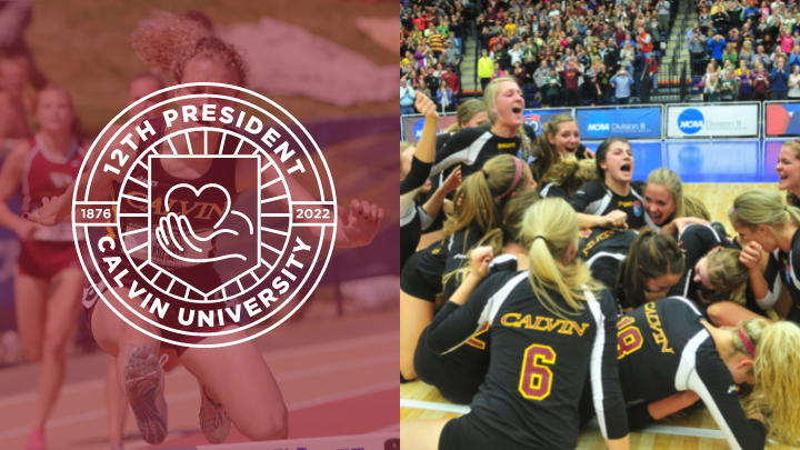 12th Calvin University President logo (left) with volleyball team celebrating (right)