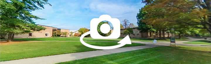 Virtual tour image of campus with camera icon
