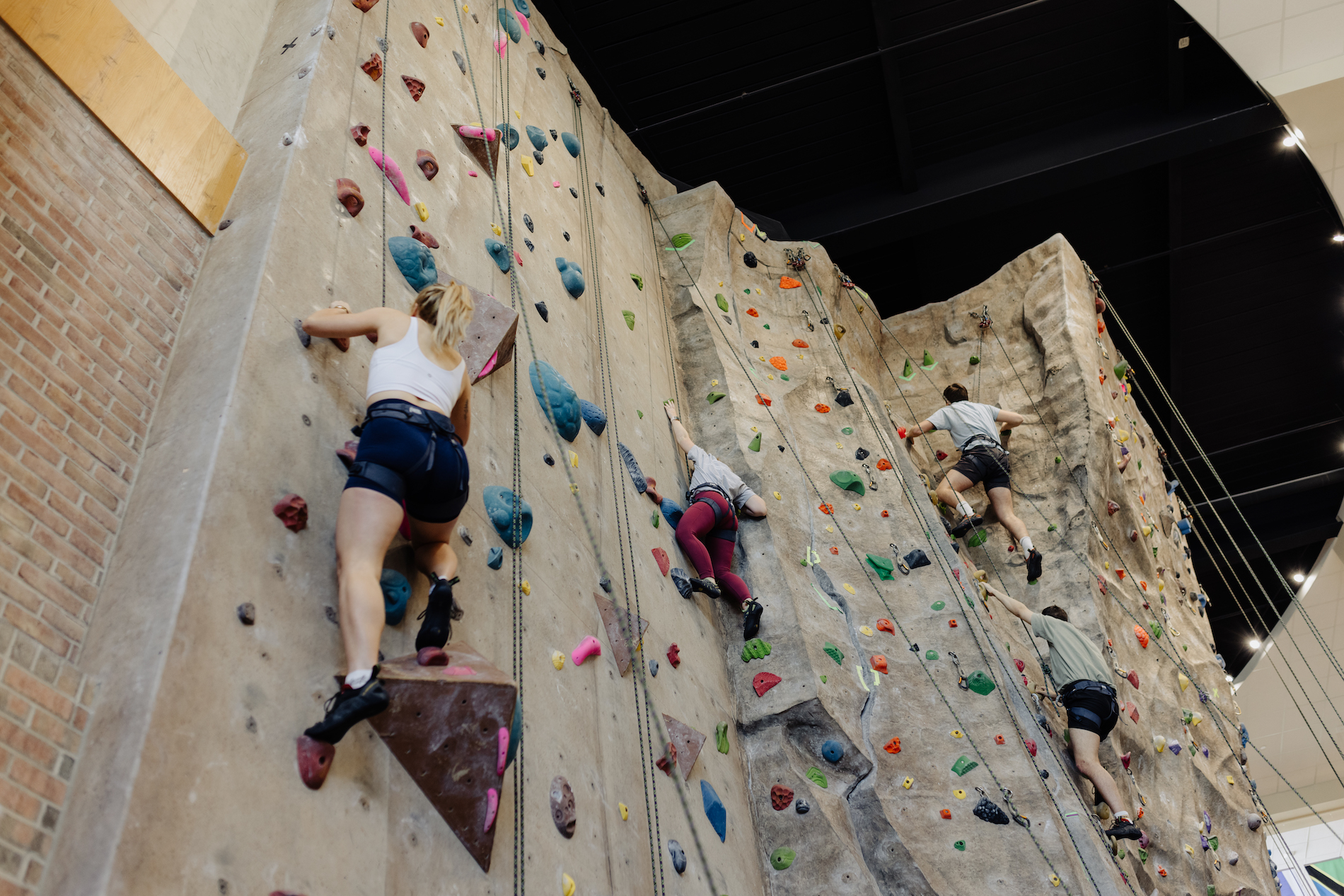 Students on the climbing wall at Calvin University.