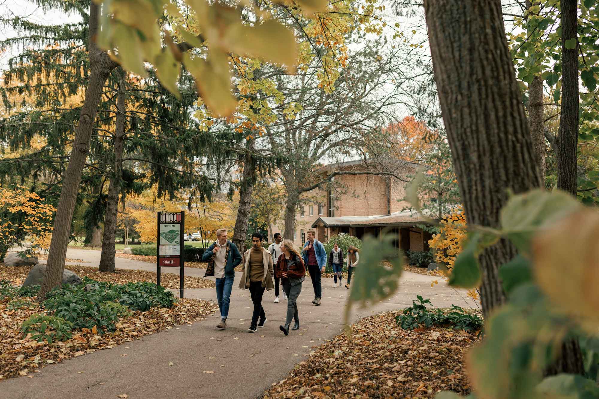 Students walk in a group on the Calvin University campus in the fall, with leaves changing yellow.