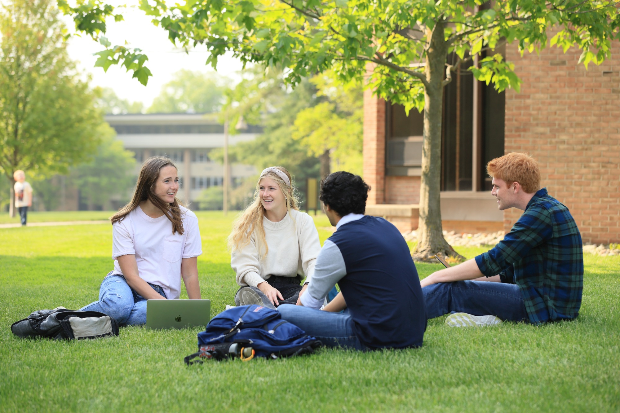 students talking on the lawn