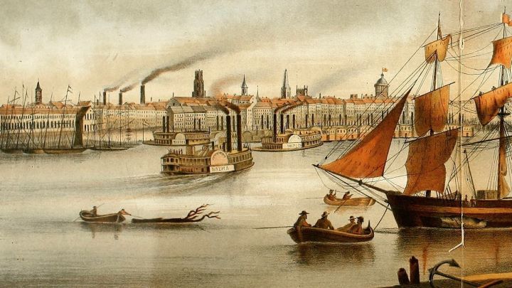 An old painting of New Orleans, showing the bay and industry in the background