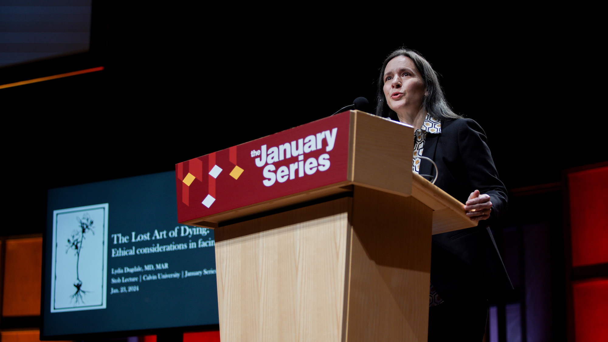 Lydia Dugdale speaks at the January Series at Calvin University.