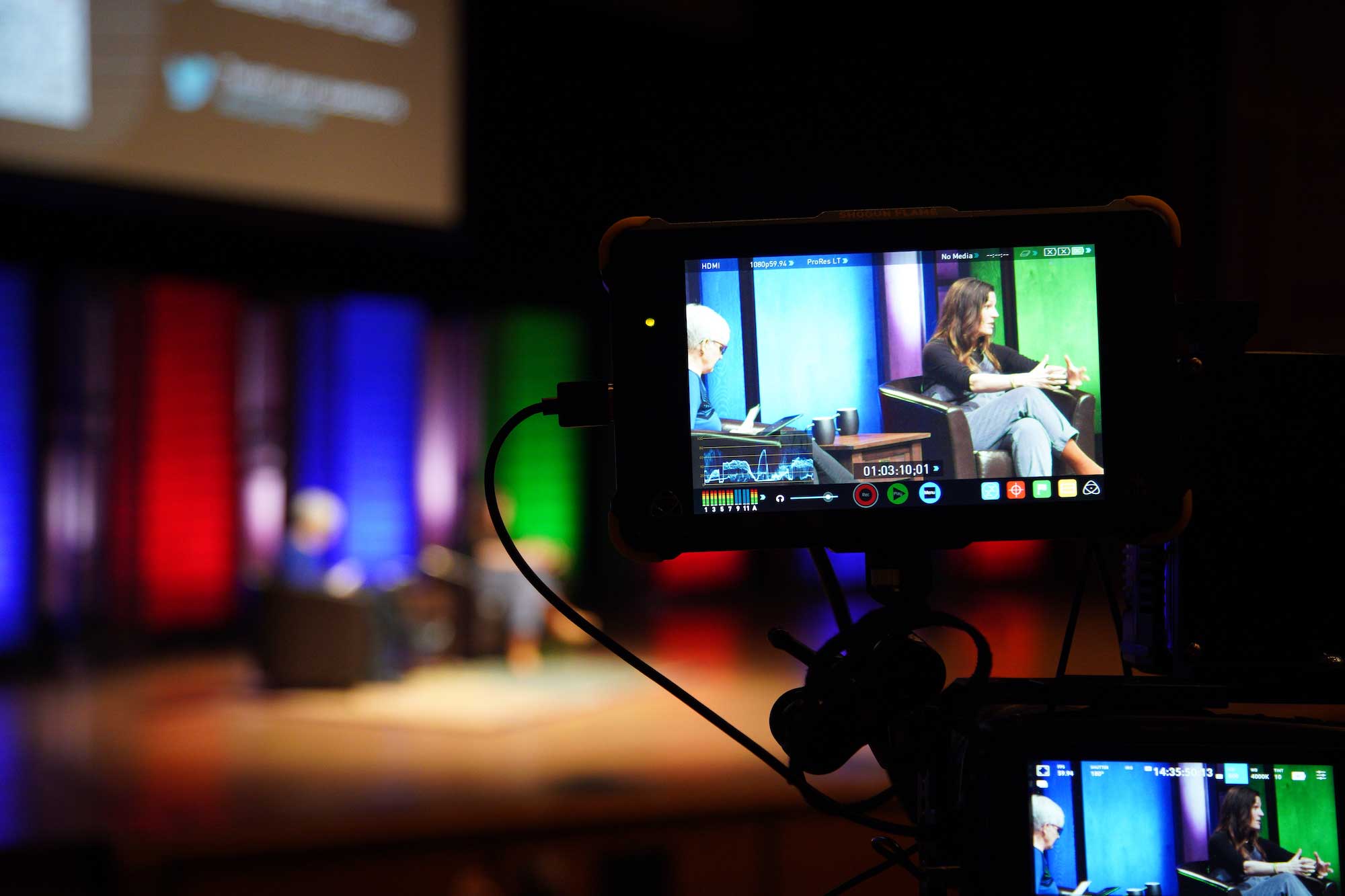 A camera captures a January Series speaker at Calvin University.