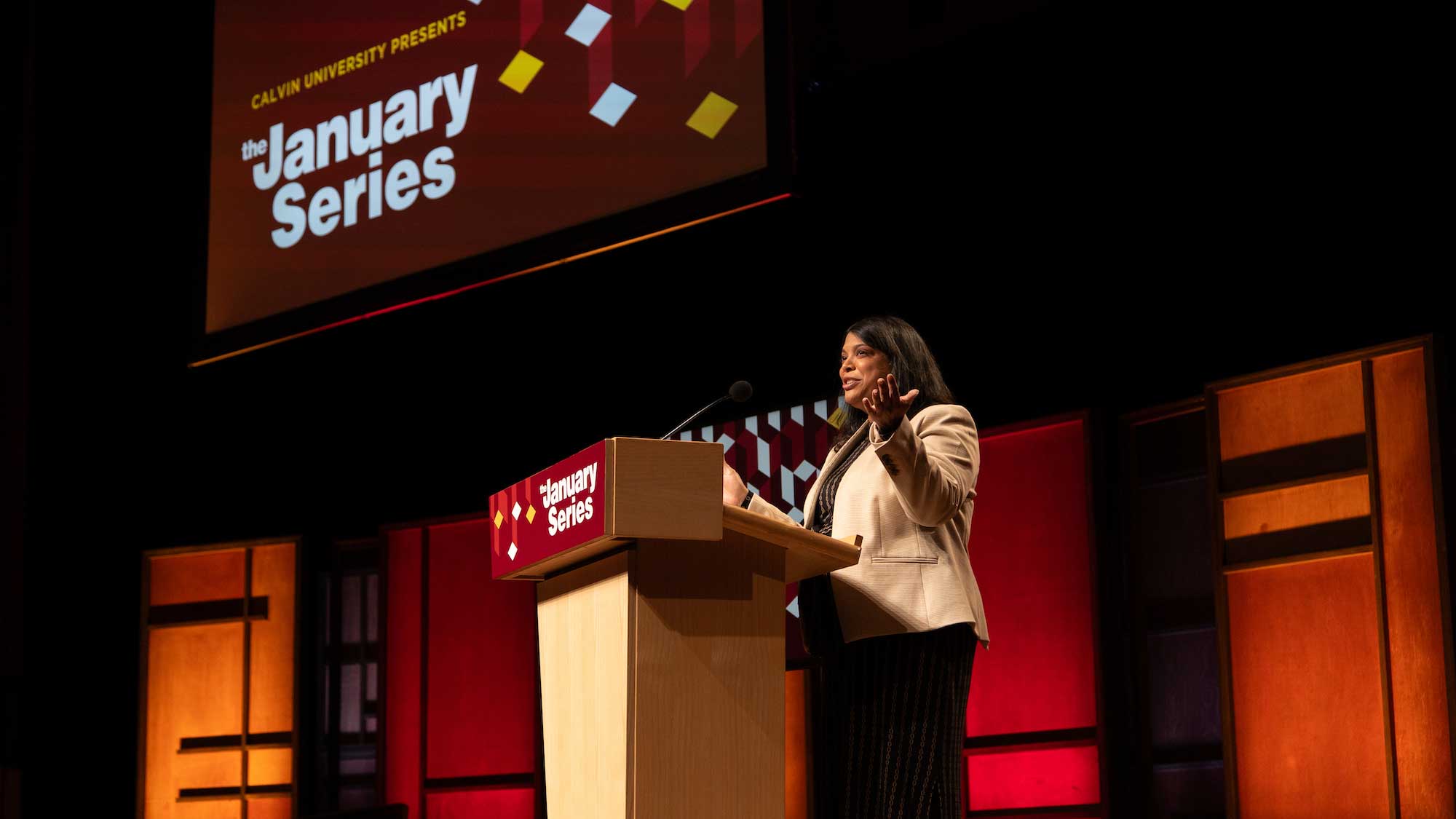 Journalist Niala Boodhoo gives a lecture at the Calvin University January Series.