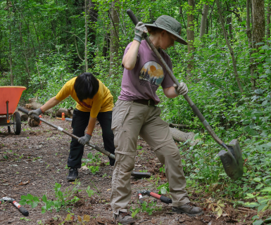 Two volunteers with shovels working on the edge of the trail